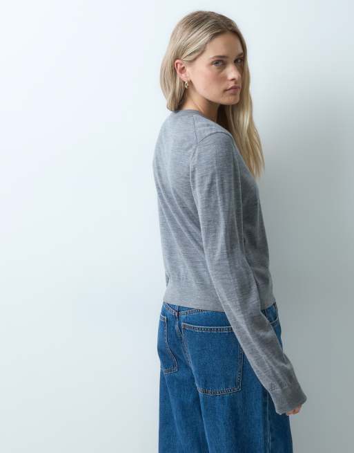 & Other Stories pure merino wool crew neck slim fit button front cardigan in light grey, 4 of 4