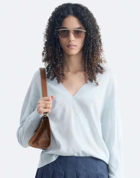 & Other Stories pure merino wool deep v-neck argyle jumper in light turquoise - view 1