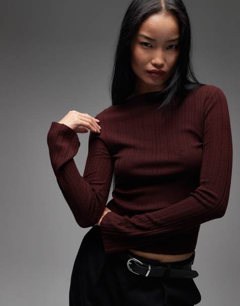 & Other Stories pure merino wool rib knit top with flare sleeves in dark red - view 1