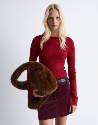 & Other Stories Pure Merino Wool Rib Knit Top With Flare Sleeves In Red