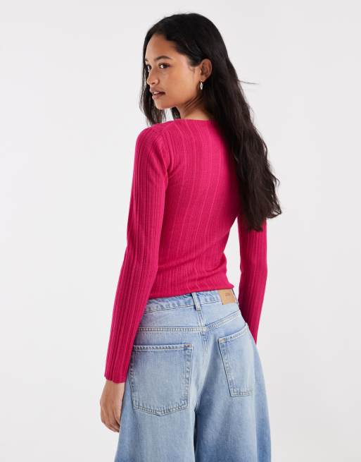 & Other Stories pure merino wool ribbed knit top with flared sleeves in pink, 4 of 4