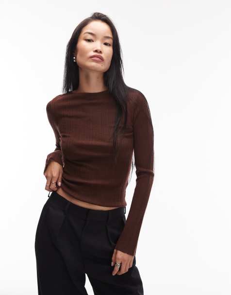 & Other Stories pure merino wool ribbed knitted top with flare sleeves in dark brown - view 1