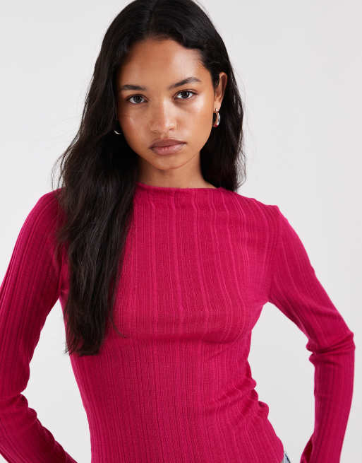 & Other Stories pure merino wool ribbed knitted top with flare sleeves in pink, 3 of 4