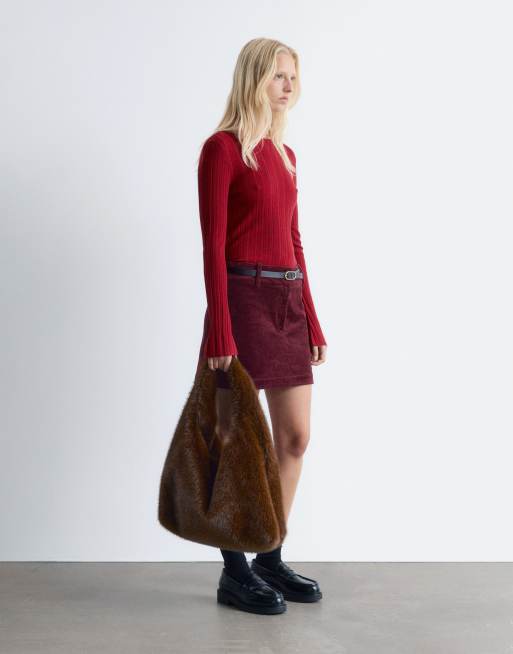 & Other Stories pure merino wool ribbed knitted top with flare sleeves in red, 3 of 4
