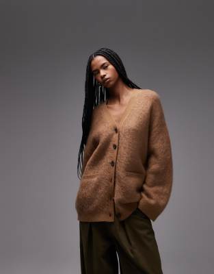 & Other Stories Pure Wool And Mohair Blend Hairy V Neck Cardigan With Front Pockets In Brown