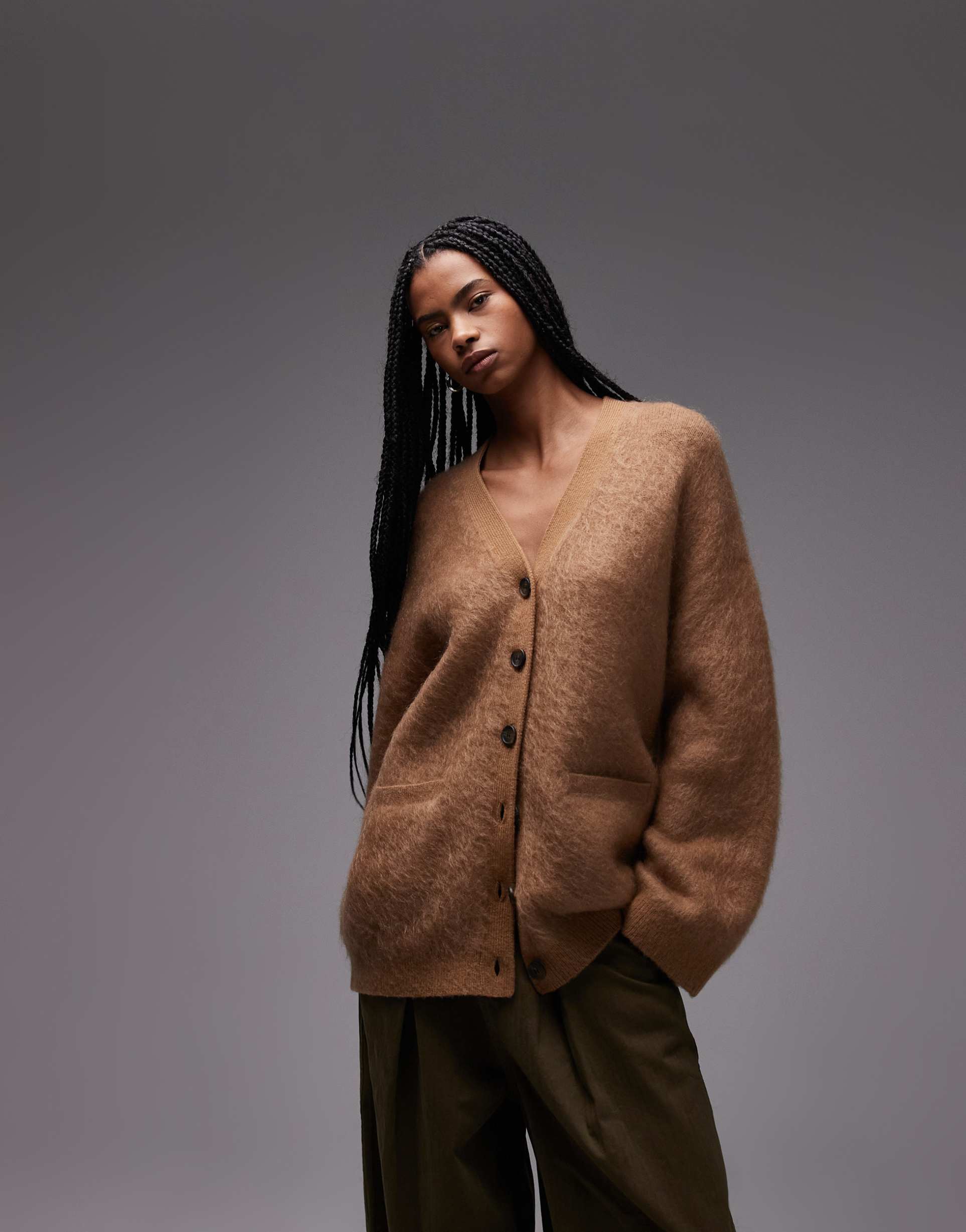 & other stories pure wool and mohair blend hairy v neck cardigan with front pockets in brown