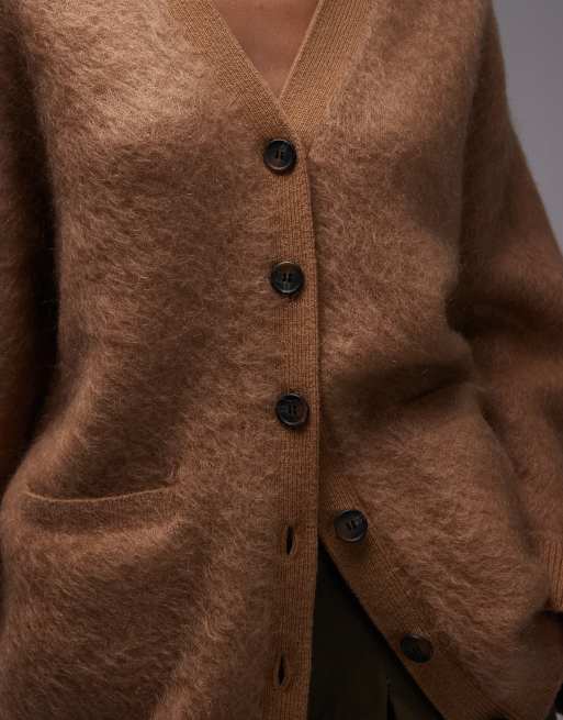 & Other Stories pure wool and mohair blend hairy v neck cardigan with front pockets in brown, 2 of 4