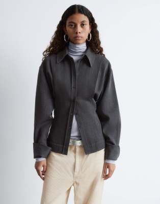 & Other Stories Pure Wool Bold Shoulder Shacket With Cinched Waist In Black