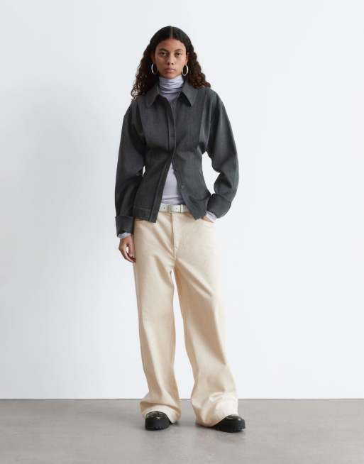 & Other Stories pure wool bold shoulder shacket with cinched waist in grey, 2 of 4
