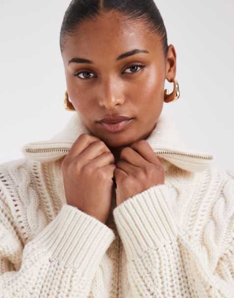 & Other Stories pure wool cable knitted bomber cardigan in off white - view 1