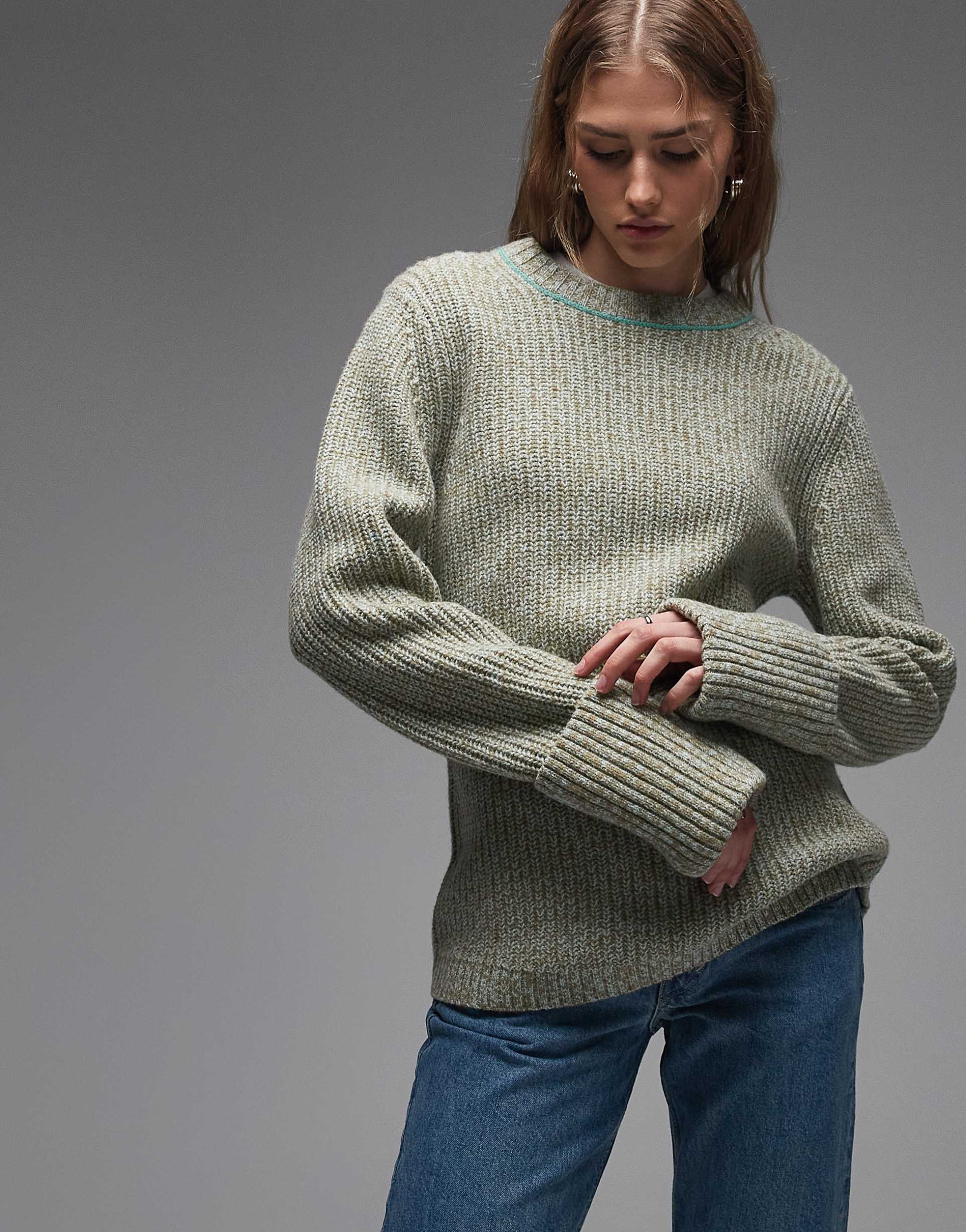 & other stories pure wool crew neck sweater in green and mint twist