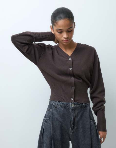 & Other Stories pure wool cuffed sleeve v neck fitted cardigan with buttons in dark brown - view 1