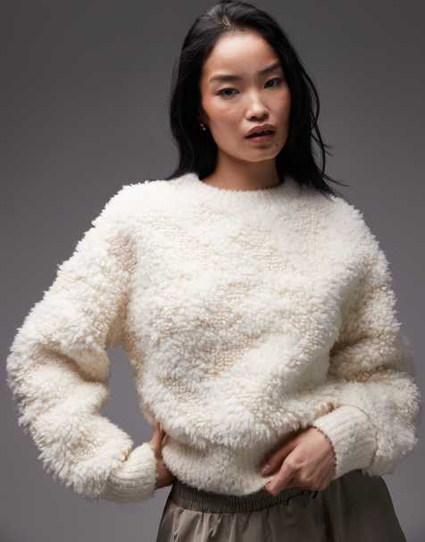 & Other Stories pure wool fluffy crew neck jumper with volumnious sleeves in white