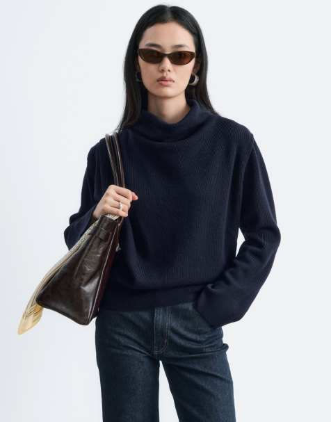 & Other Stories pure wool funnel neck jumper with drape shoulder detail in navy - view 1