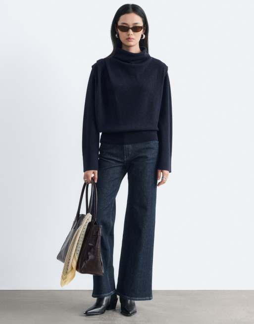 & Other Stories pure wool funnel neck jumper with drape shoulder detail in navy , 4 of 4