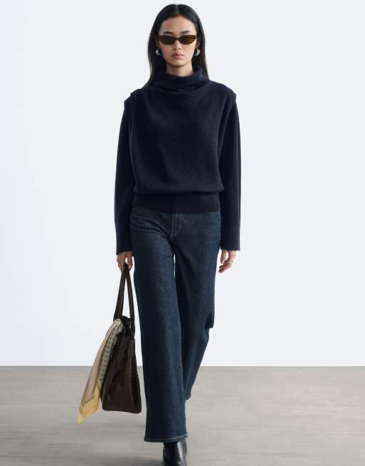 & Other Stories pure wool funnel neck sweater with drape shoulder detail in navy, 2 of 4