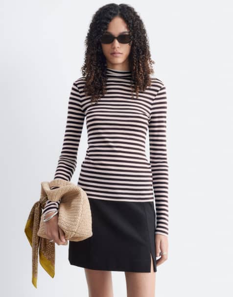 & Other Stories pure wool high neck long sleeve top in pink & burgundy stripe - view 1