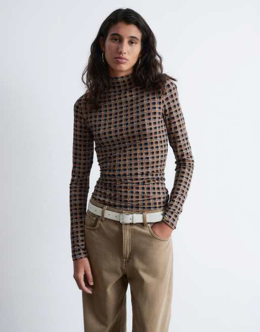 & Other Stories pure wool jersey second skin long sleeve top black check