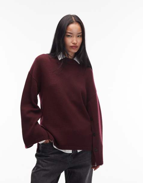 & Other Stories pure wool jumper with button cape sleeves in burgundy wine - view 1
