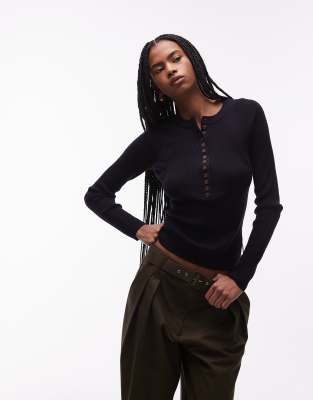 & Other Stories Pure Wool Knit Ribbed Top With Button Detail In Blue