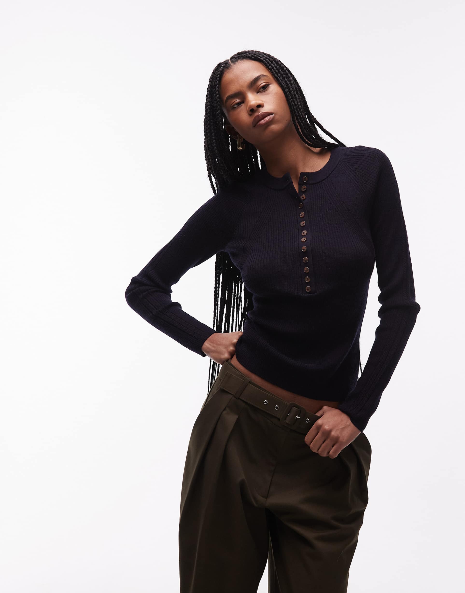 & other stories pure wool knit ribbed top with button detail in navy