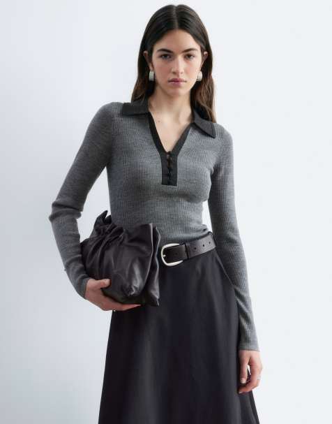 & Other Stories pure wool knitted polo with woven collar in dark grey - view 1