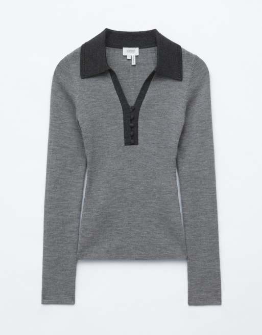 & Other Stories pure wool knitted polo with woven collar in dark grey , 2 of 4