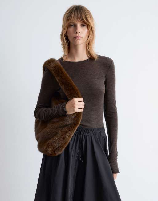 & Other Stories pure wool lettuce edge long sleeve top with thumbhole detail in brown