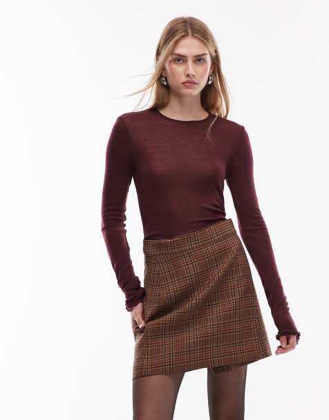 & Other Stories pure wool lettuce edge long sleeve top with thumbhole detail in  burgundy wine - view 1