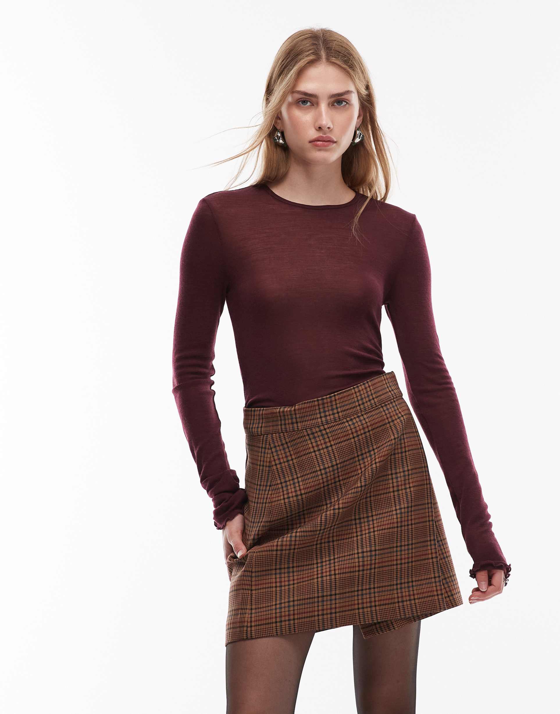 & other stories pure wool lettuce edge long sleeve top with thumbhole detail in burgundy wine