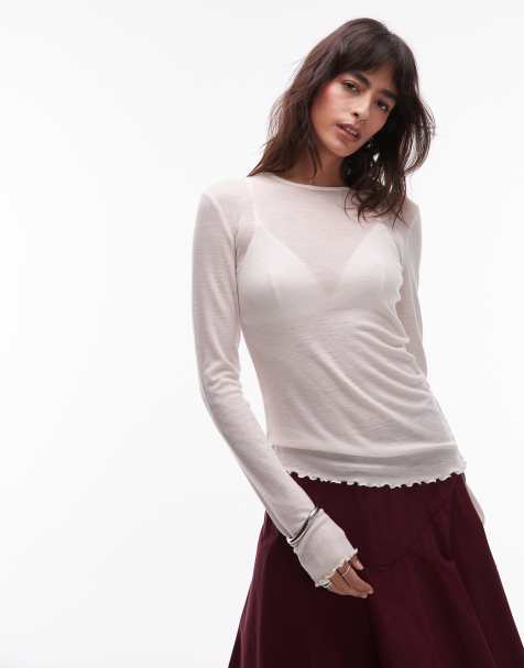 & Other Stories pure wool lettuce edge long sleeve top with thumbhole detail in  white - view 1