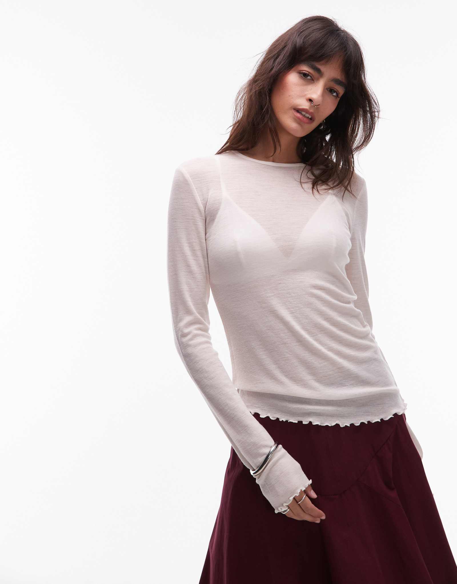 & Other Stories белый топ с длинными рукавами и отделкой из чистой шерсти с салатовым краем и отверстием для большого пальца