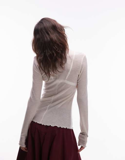 & Other Stories pure wool lettuce edge long sleeve top with thumbhole detail in white, 4 of 4