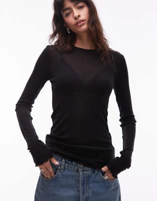 & Other Stories Pure Wool Lettuce Edge Long Sleeve Top With Thumbhole Details In Black