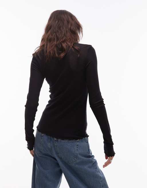 & Other Stories pure wool lettuce edge long sleeve top with thumbhole details in black, 4 of 4