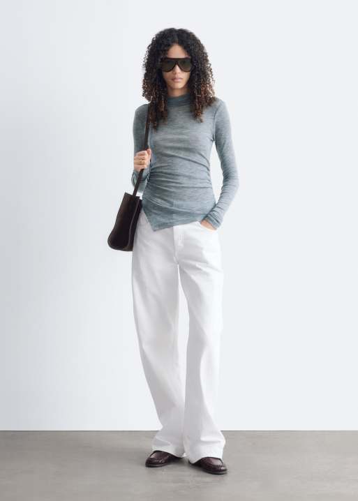 & Other Stories pure wool long sleeve fitted jersey wool top with pointy hem gathering in dark gray, 2 of 4