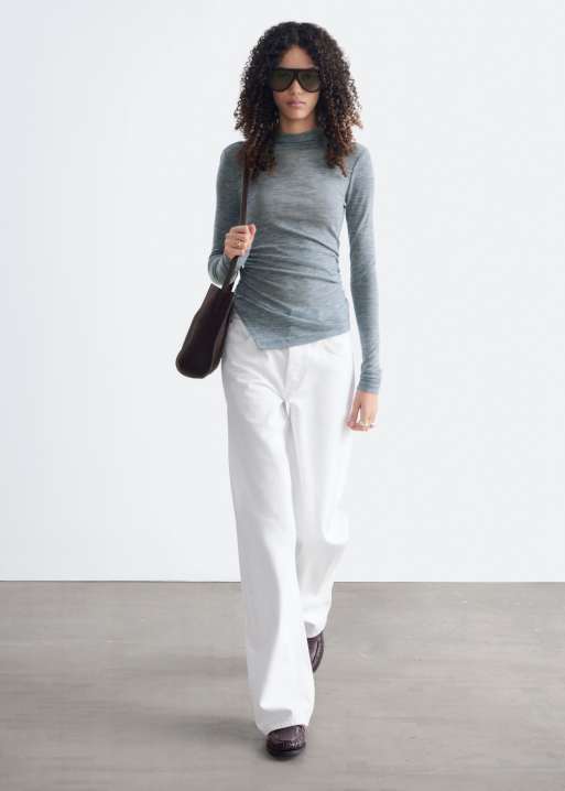 & Other Stories pure wool long sleeve fitted jersey wool top with pointy hem gathering in dark gray, 4 of 4