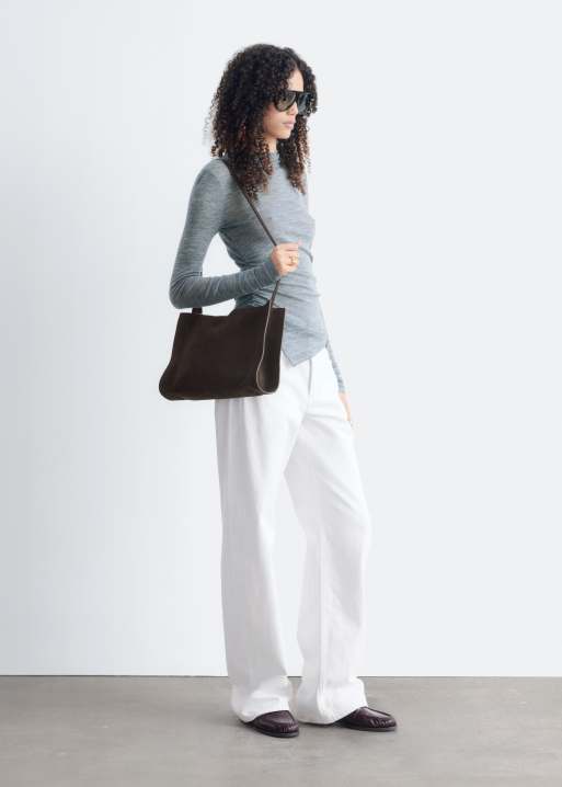 & Other Stories pure wool long sleeve fitted jersey wool top with pointy hem gathering in dark grey, 3 of 4