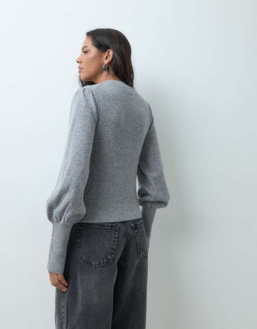 & Other Stories pure wool puff sleeve top in grey, 5 of 5