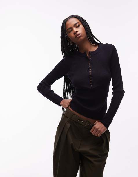 & Other Stories pure wool rib knit henley top in navy - view 1