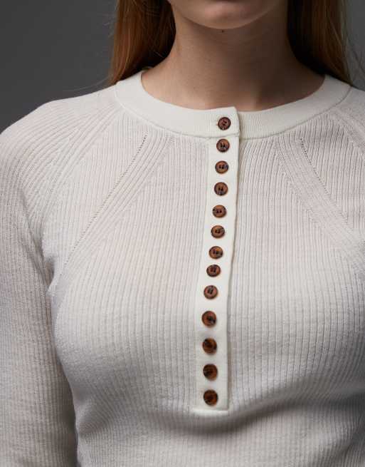 & Other Stories pure wool ribbed knitted henley top in off white, 4 of 4