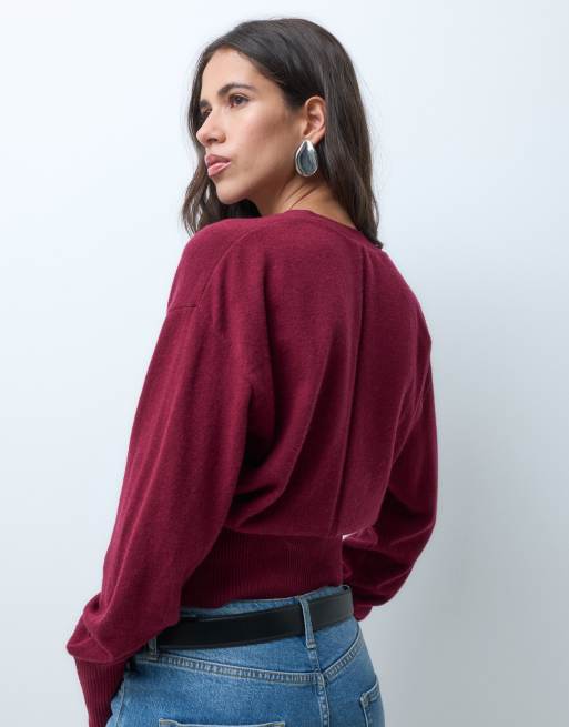 & Other Stories pure wool v neck fitted cardigan with cuffed sleeve  in dark red, 4 of 4