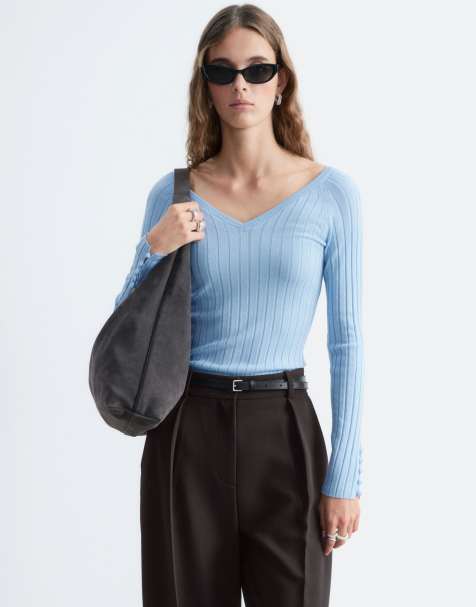 & Other Stories pure wool v neck long sleeve rib top with button up cuffs in light blue - view 1