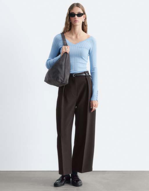 & Other Stories pure wool v neck long sleeve rib top with button up cuffs in light blue, 2 of 4