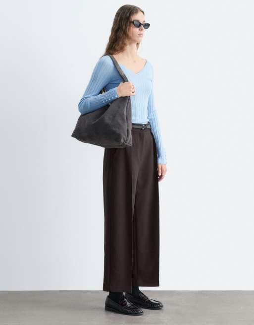 & Other Stories pure wool v neck long sleeve rib top with button up cuffs in light blue, 3 of 4