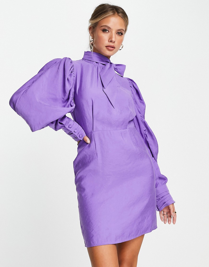& Other Stories pussy bow volume sleeve mini dress in purple