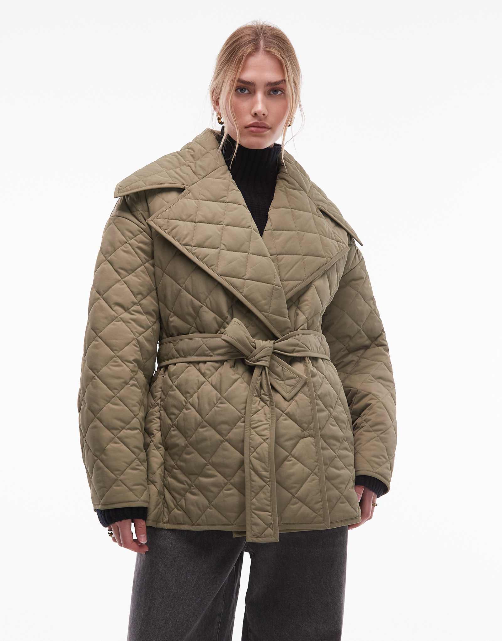 & Other Stories стеганая удлиненная куртка с поясом темно-зеленого цвета хаки