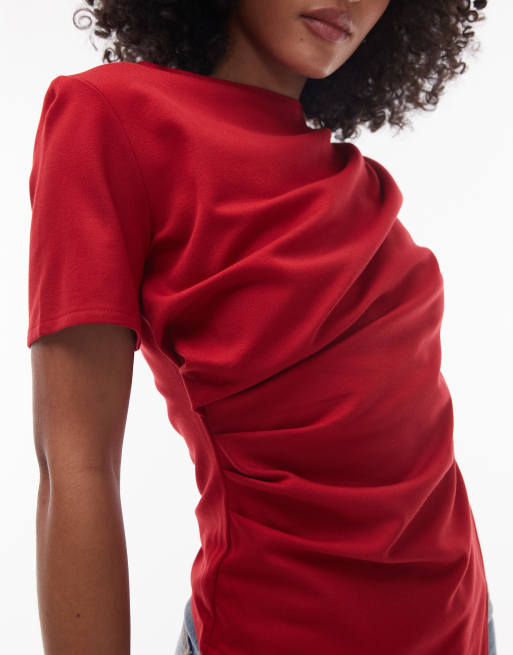 & Other Stories - Rød T-shirt med drapering foran og asymmetrisk slids i jersey, 3 af 4