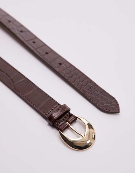 & Other Stories real leather croc mid waist belt with gold buckle in brown, 2 of 3