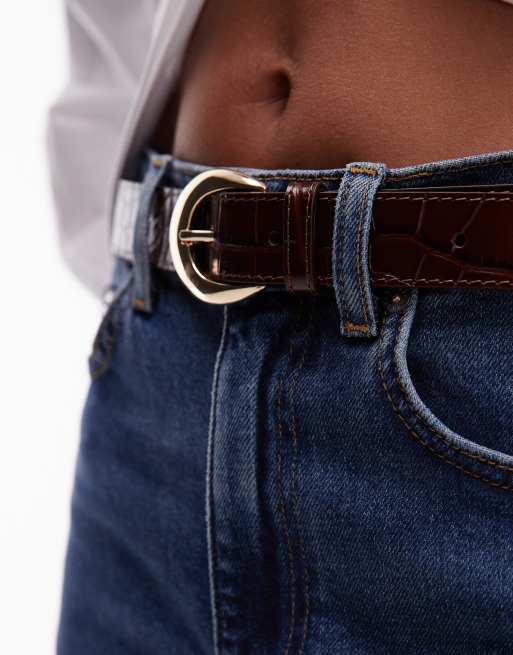 & Other Stories real leather croc mid waist belt with gold buckle in brown, 3 of 3